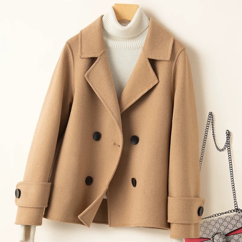 Wavlynn women's wool blend coat camel tailored fit double-breasted notched lapel short silhouette