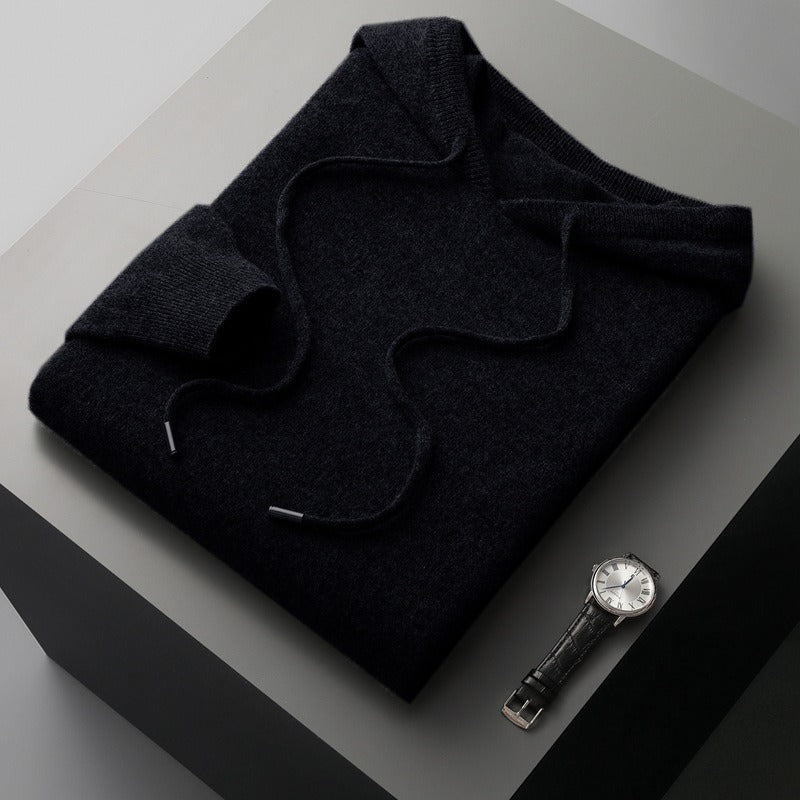 Men's wool knit hoodie relaxed fit with drawstring hood and ribbed trim cozy soft-touch finish