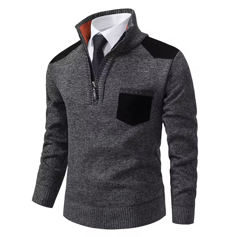 Men's wool knit half-zip pullover sweater regular fit with chest and shoulder patches
