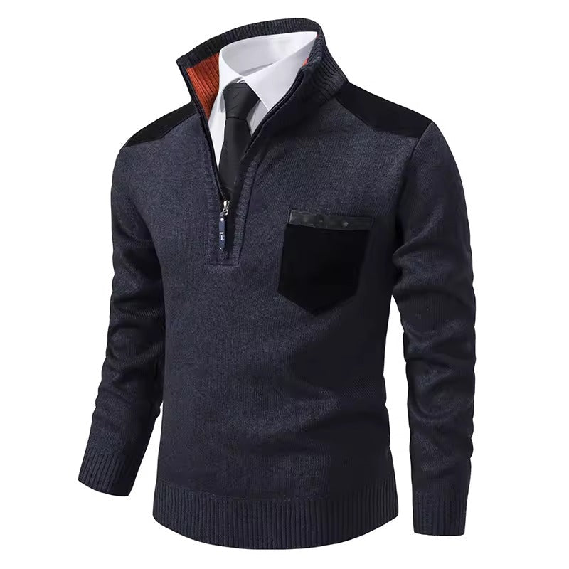 Men's wool knit half-zip pullover sweater regular fit with chest and shoulder patches