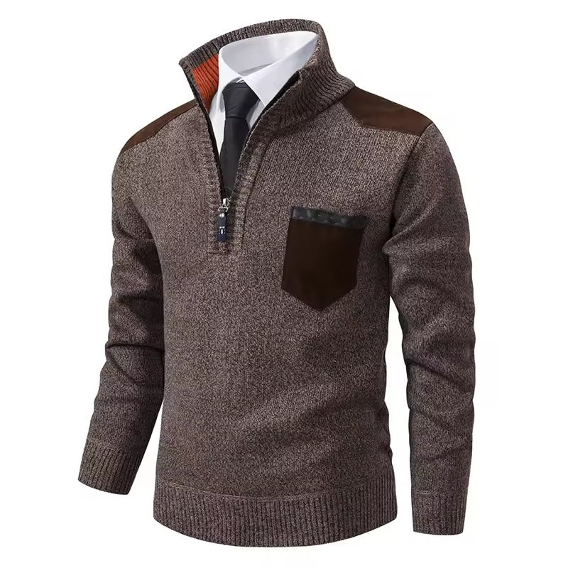 Men's wool knit half-zip pullover sweater regular fit with chest and shoulder patches