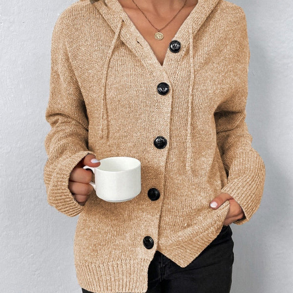 Women's oversized hooded cardigan knit texture button front ribbed trim cozy layering essential