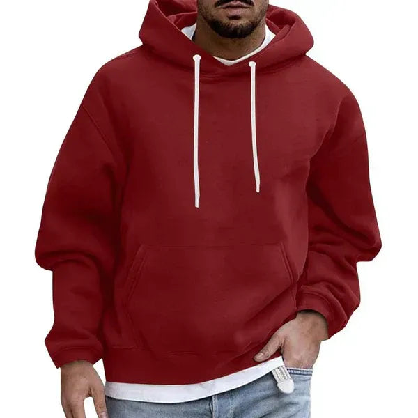 Men's oversized grey cotton blend hoodie with kangaroo pocket and adjustable drawstring hood