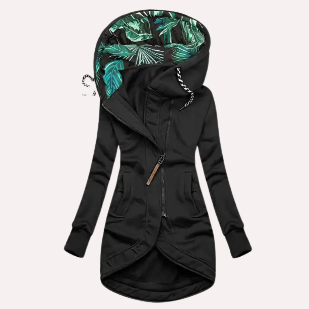 Women's slim fit hooded fleece jacket with asymmetrical zip closure and printed lining for modern style