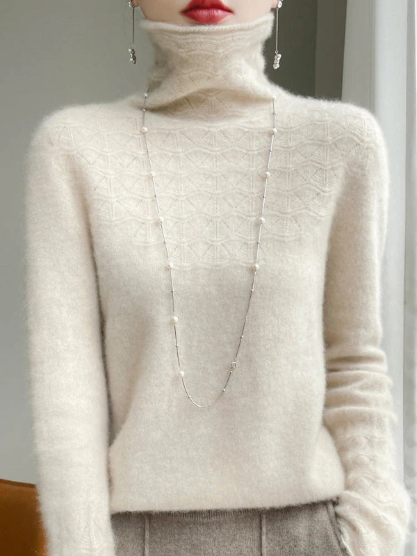 Women's slim fit turtleneck sweater in wool blend with hollow knit texture detail