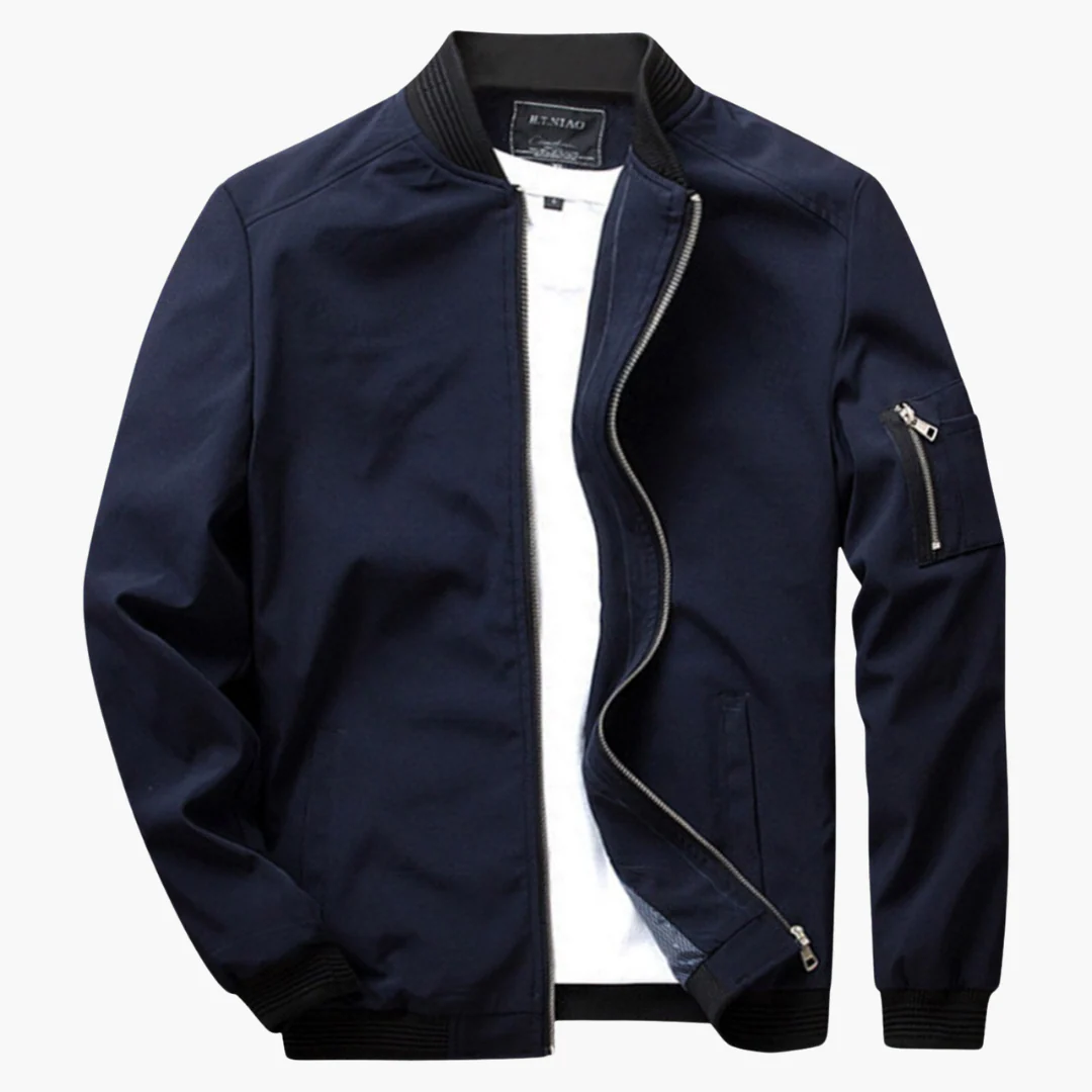 Men's lightweight bomber jacket navy blue regular fit ribbed hem cuffs zip sleeve pocket spring layer