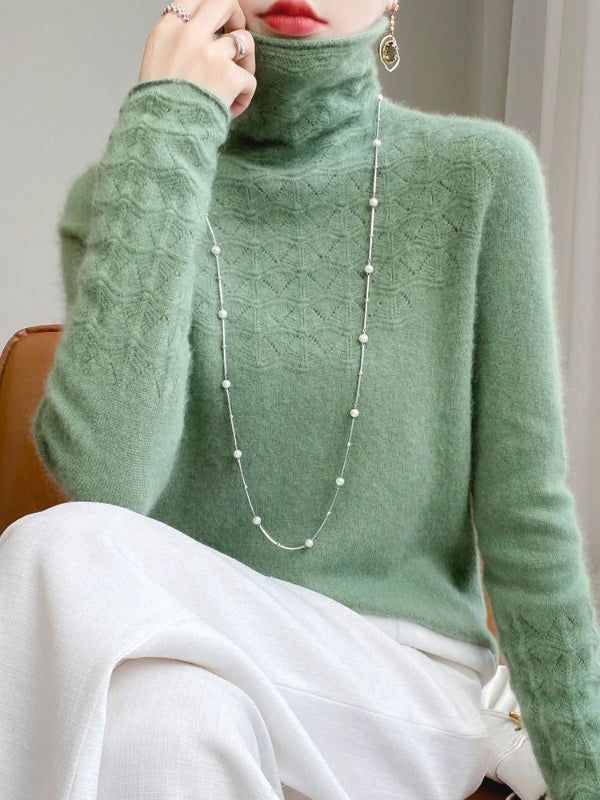 Women's slim fit turtleneck sweater in wool blend with hollow knit texture detail