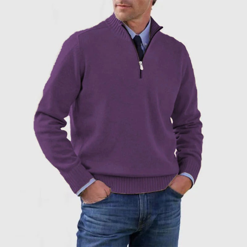 Men's navy quarter zip knit pullover sweater, slim business casual fit with adjustable zip neckline