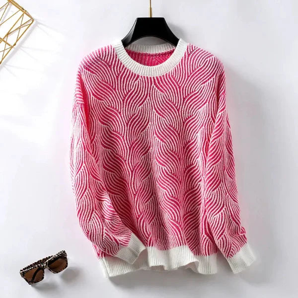 Women's loose fit wool knit striped pullover sweater with round neck in casual multicolor design