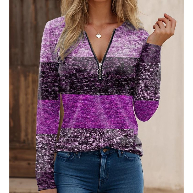 Women's striped knit long sleeve shirt with zipper collar and spliced print in regular fit
