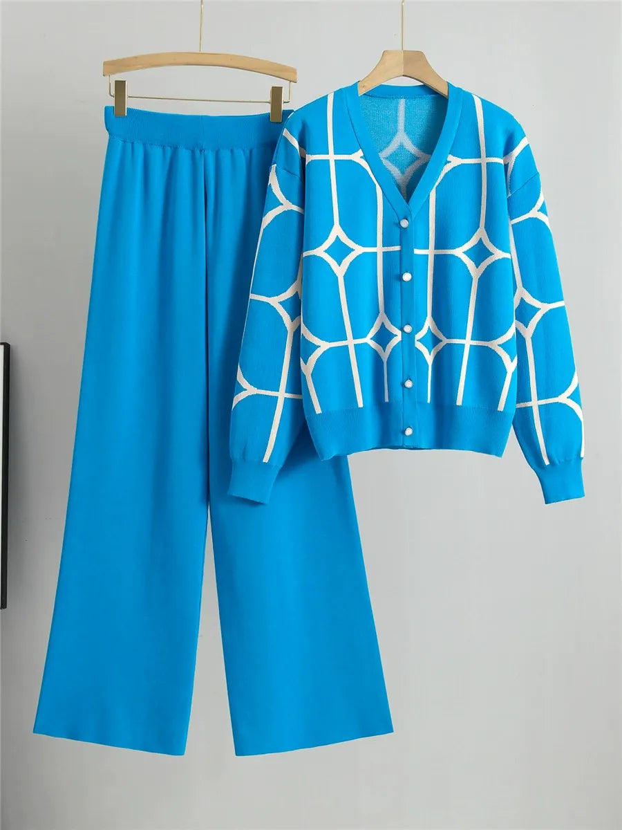 Women's cropped knit cardigan set relaxed fit V-neck geometric pattern two-piece coordinated outfit