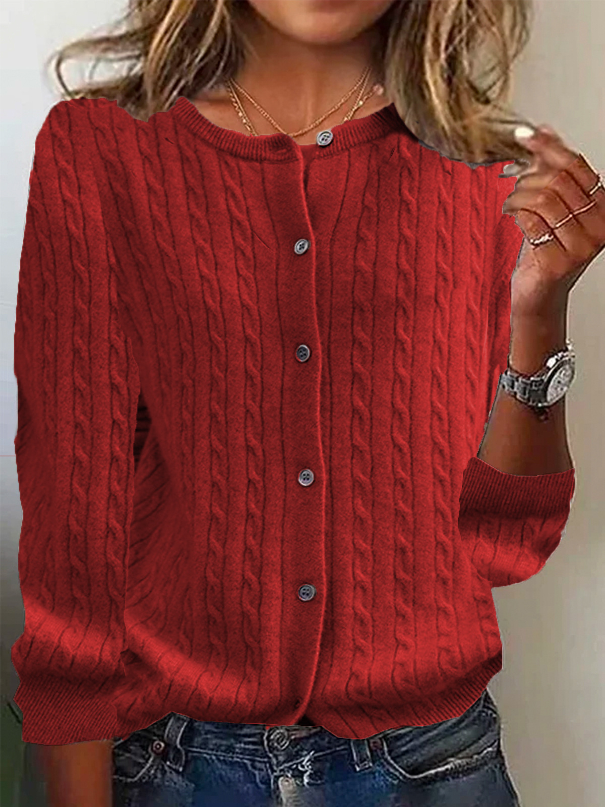 Women's ivory cable knit wool cardigan, relaxed fit with button front closure and long sleeves