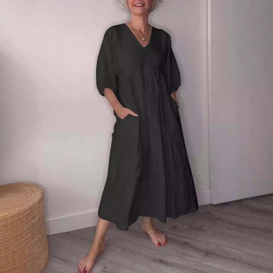 Women's cotton linen midi dress relaxed fit deep V-neck cuffed sleeves with side pockets