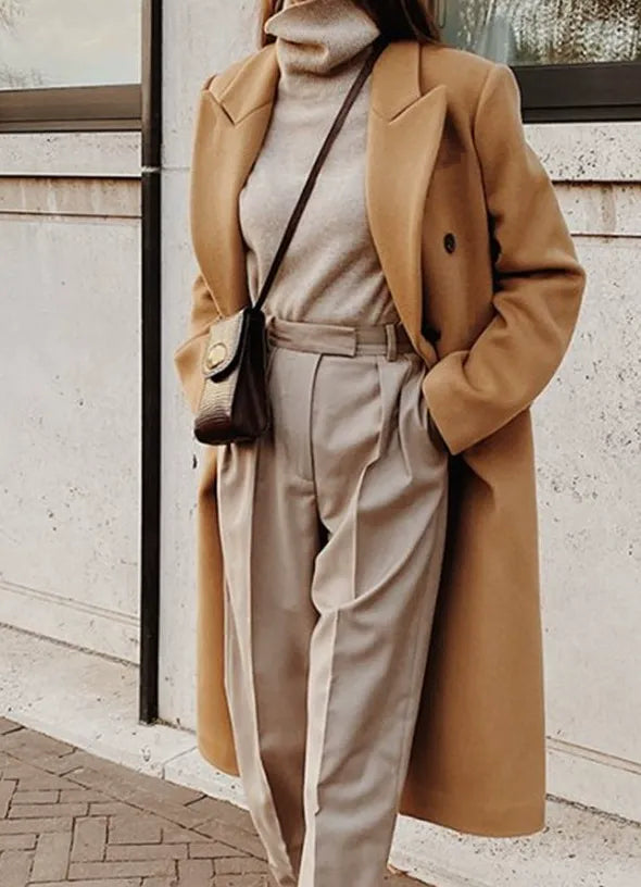Women's slim fit long wool-feel coat double-breasted classic lapel refined autumn winter outerwear