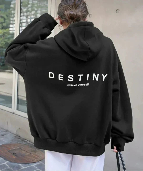 Women's oversized cotton blend hoodie with bold graphic back print, relaxed casual fit for everyday comfort