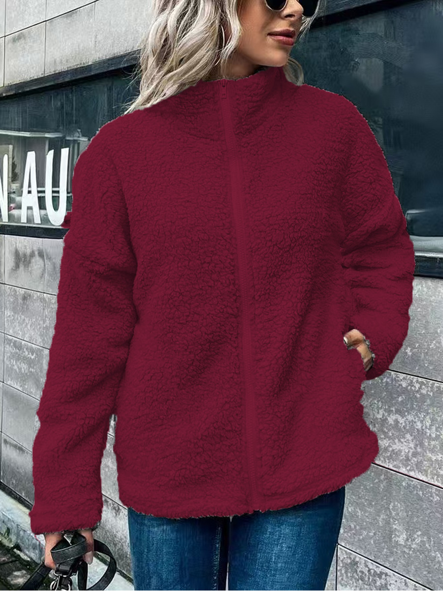 Women's oversized wool-blend fleece coat with stand collar, long sleeves, and zip closure