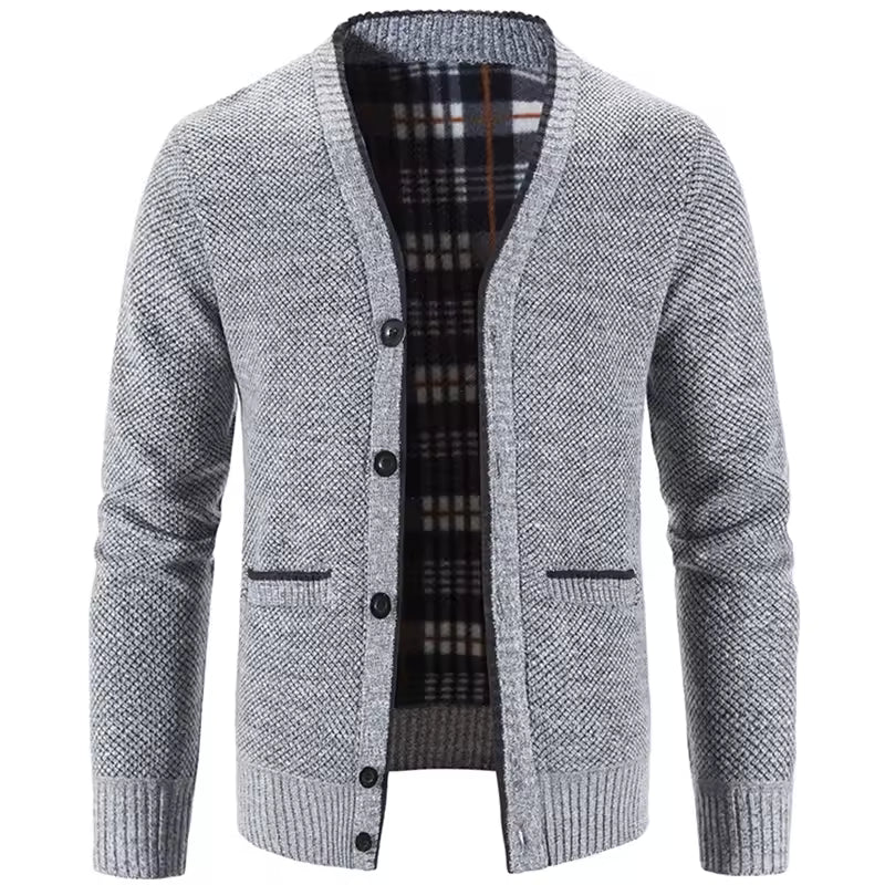 Men's wool blend knit cardigan tailored fit fleece lined button front with plaid lining pockets