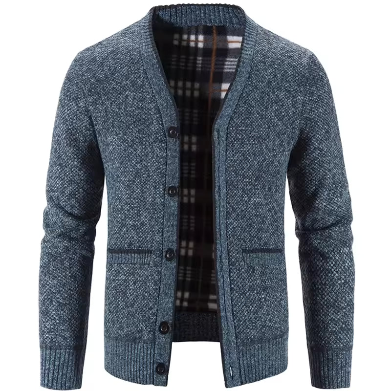 Men's wool blend knit cardigan tailored fit fleece lined plaid lining button front
