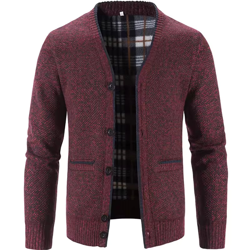 Men's wool blend knit cardigan tailored fit fleece lined button front with plaid lining pockets