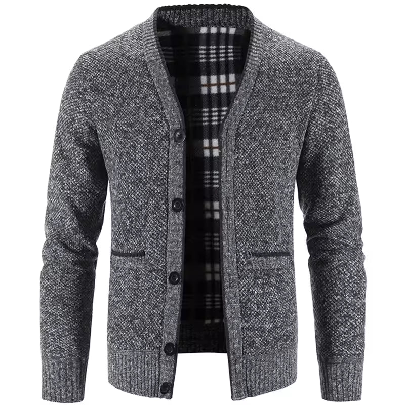 Men's wool blend knit cardigan tailored fit fleece lined button front with plaid lining pockets