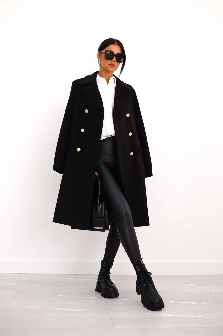 Camel wool blend women's long coat, double-breasted tailored fit with notched lapel
