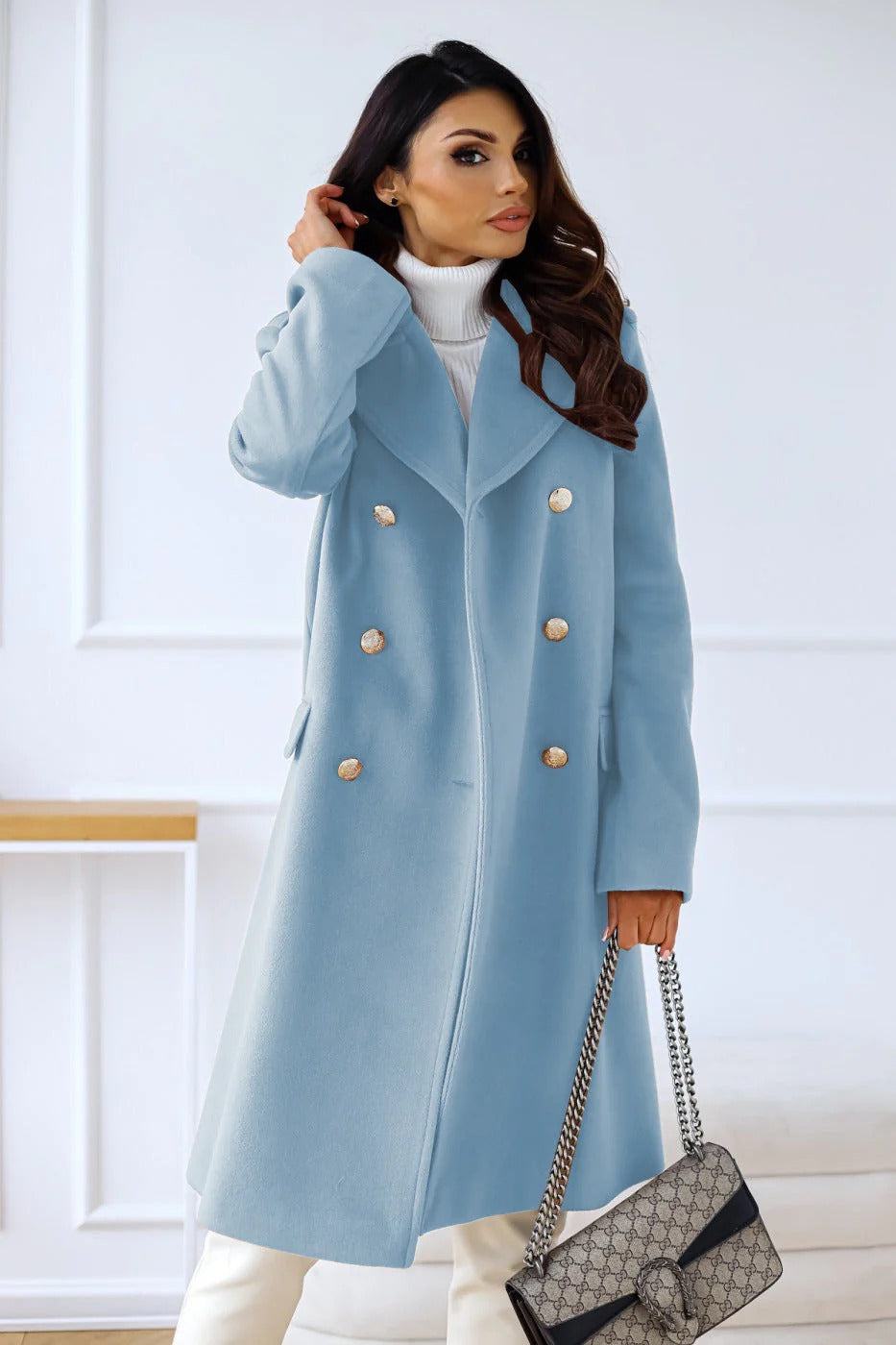 Camel wool blend women's long coat, double-breasted tailored fit with notched lapel