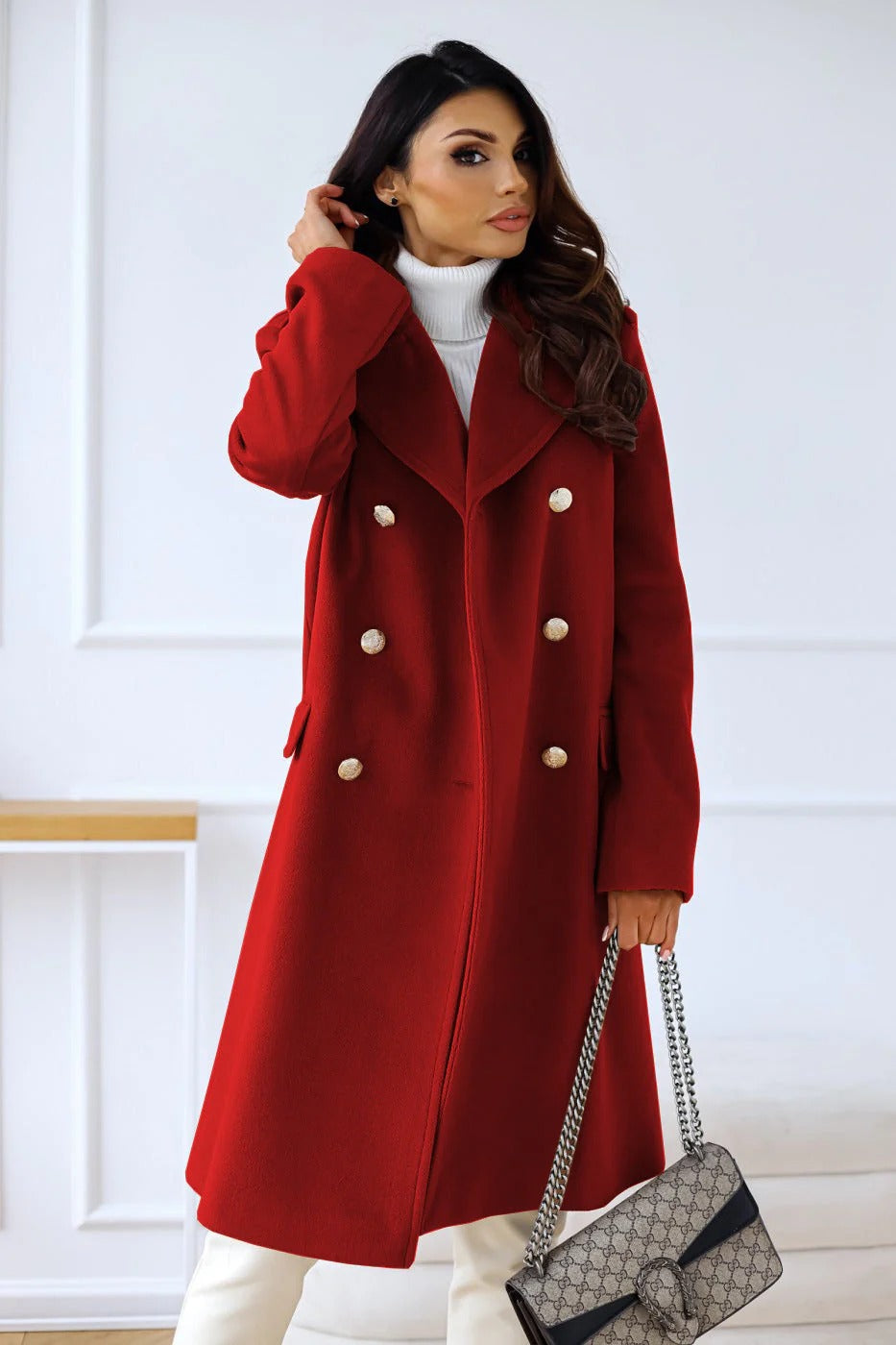 Camel wool blend women's long coat, double-breasted tailored fit with notched lapel