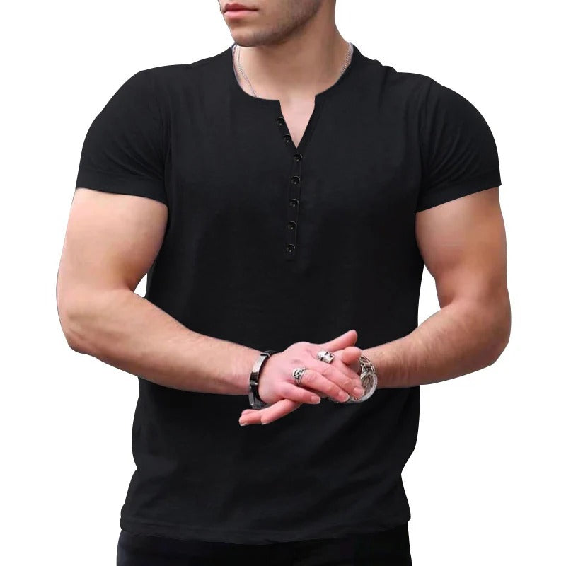 Men's slim fit henley t-shirt soft knit short sleeve casual style with button placket