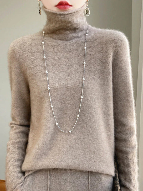 Women's slim fit turtleneck sweater wool blend with hollow knit texture detail