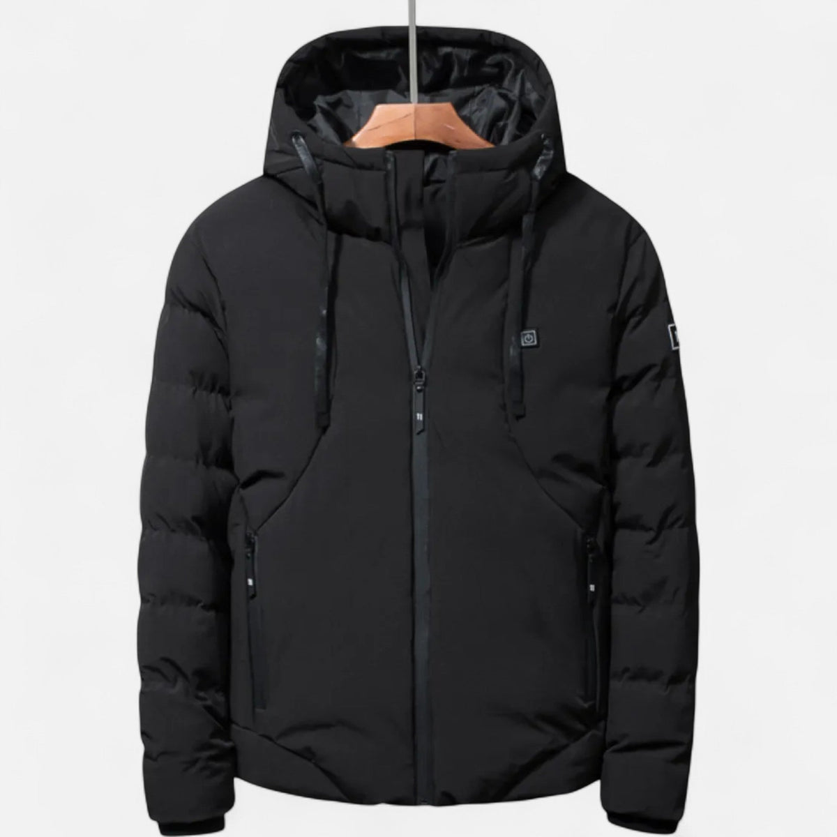 Men's black heavy-duty hooded puffer jacket with high-loft insulation for cold weather