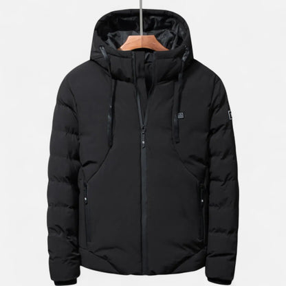 Men's black heavy-duty hooded puffer jacket with high-loft insulation for cold weather