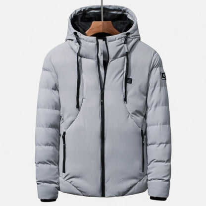 Men's heavy duty insulated hooded puffer jacket in bold colorblock, cold weather slim fit
