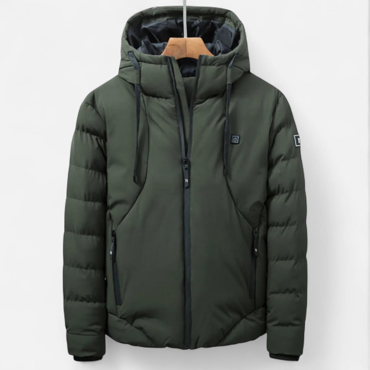 Men's black insulated hooded puffer jacket with high-loft fill, slim silhouette for cold weather