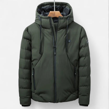 Men's black insulated hooded puffer jacket with high-loft fill, slim silhouette for cold weather