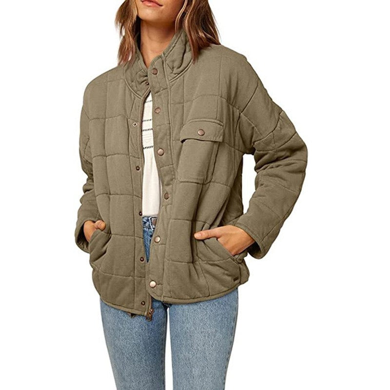 Women's mid-length quilted jacket loose fit stand collar button-front closure casual outerwear