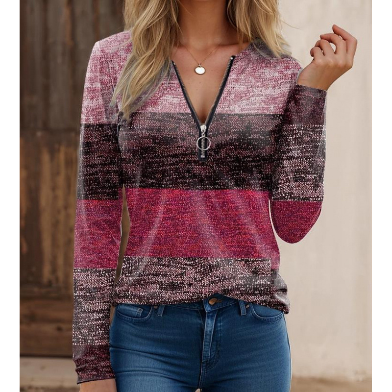 Women's striped knit long sleeve shirt with zipper collar and spliced print, regular fit