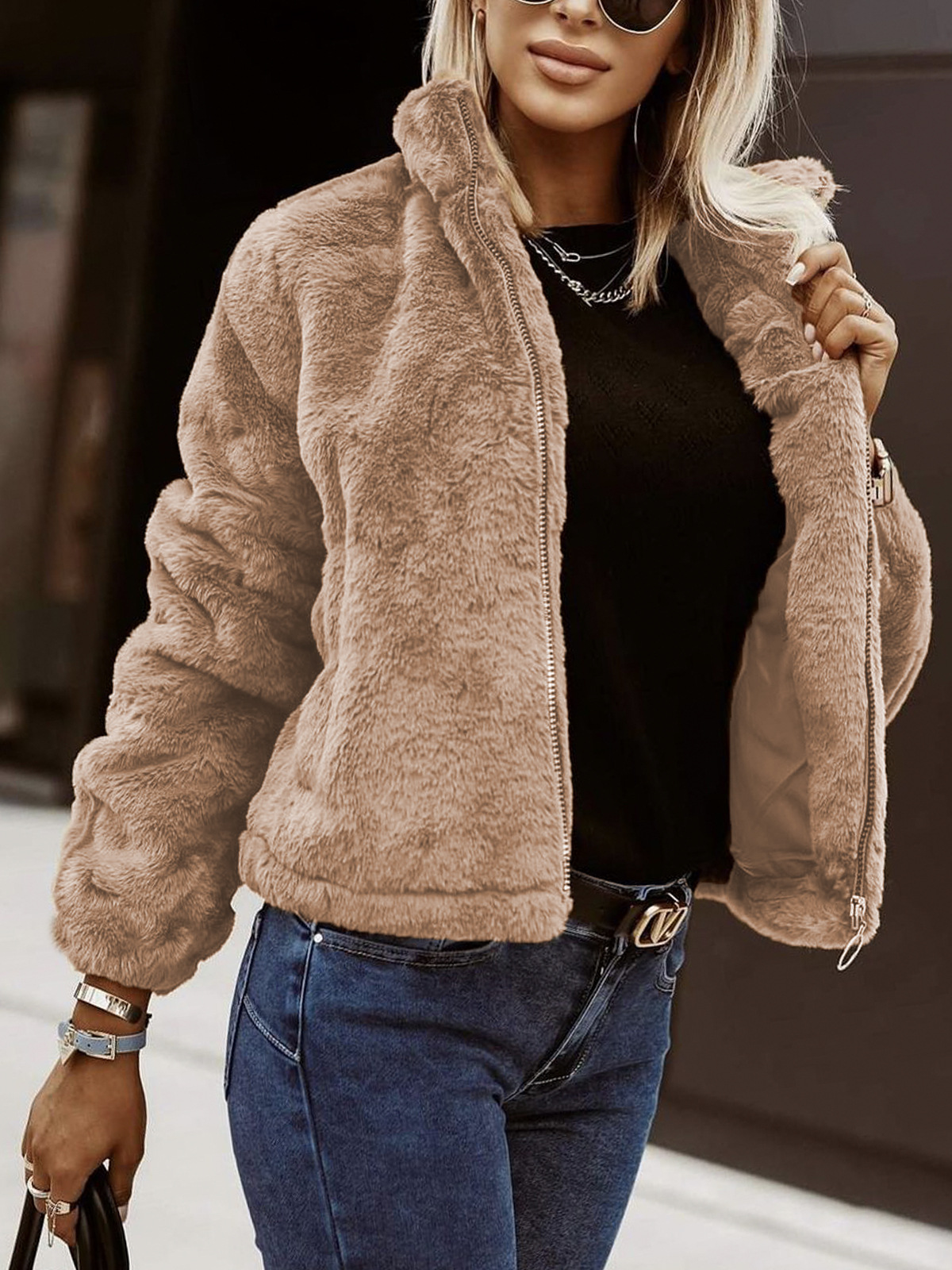 Women's black faux leather plush cardigan zip-front high collar relaxed fit cozy texture