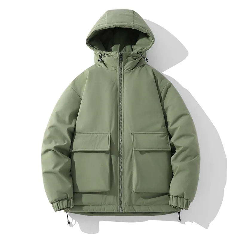 Men's oversized quilted puffer jacket with hood and front pockets, relaxed winter coat silhouette