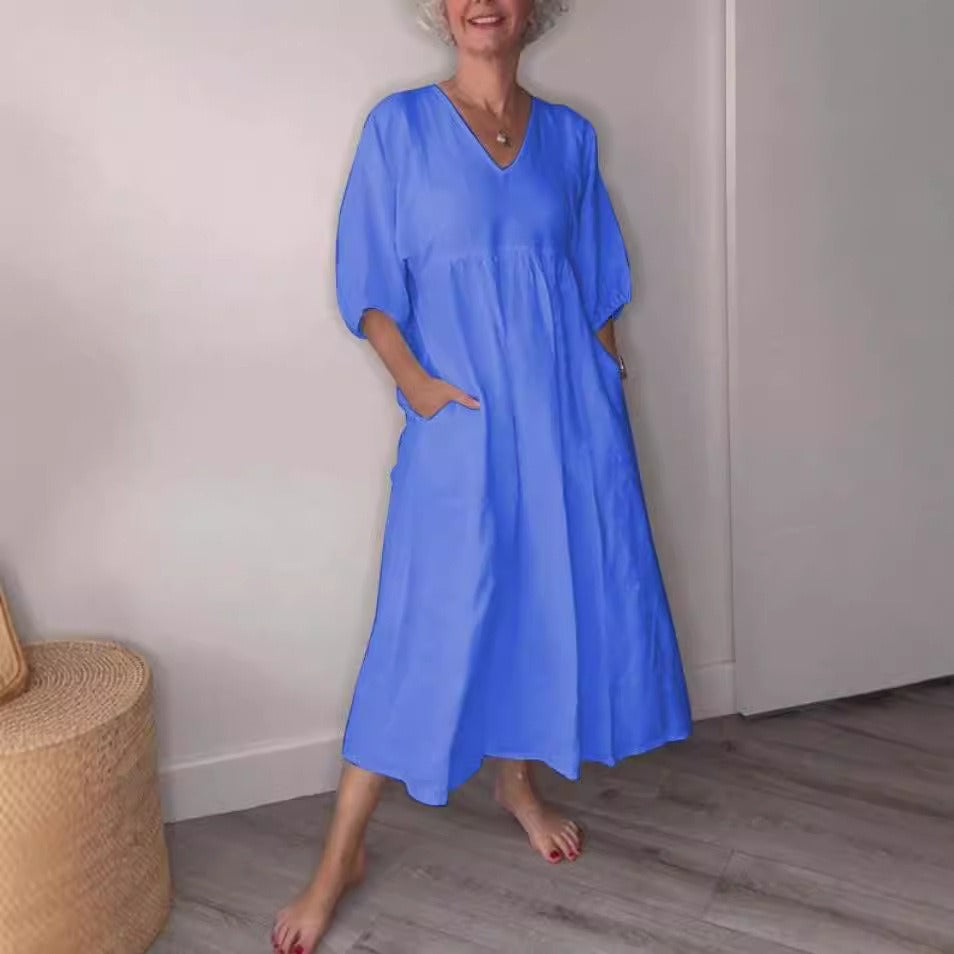 Women's cotton linen midi dress relaxed fit deep V-neck cuffed sleeves with side pockets