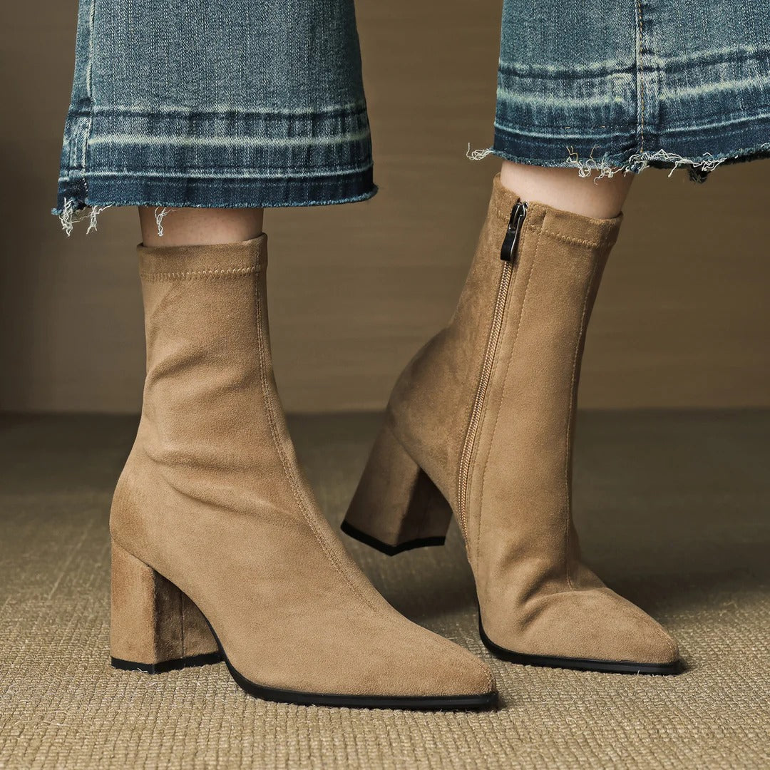 Celinne Paris stretch suede boots pointed toe sculpted heel Parisian elegance cool-weather style