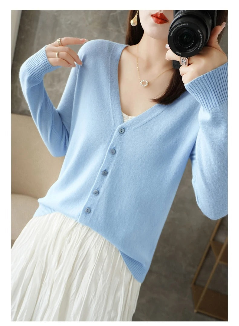 Women's wool blend cardigan relaxed fit V-neck button front with ribbed trim for versatile layering