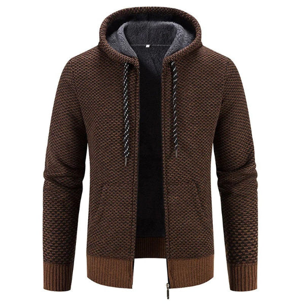 Men's relaxed-fit hooded cardigan in knit texture with plush lining and zip closure