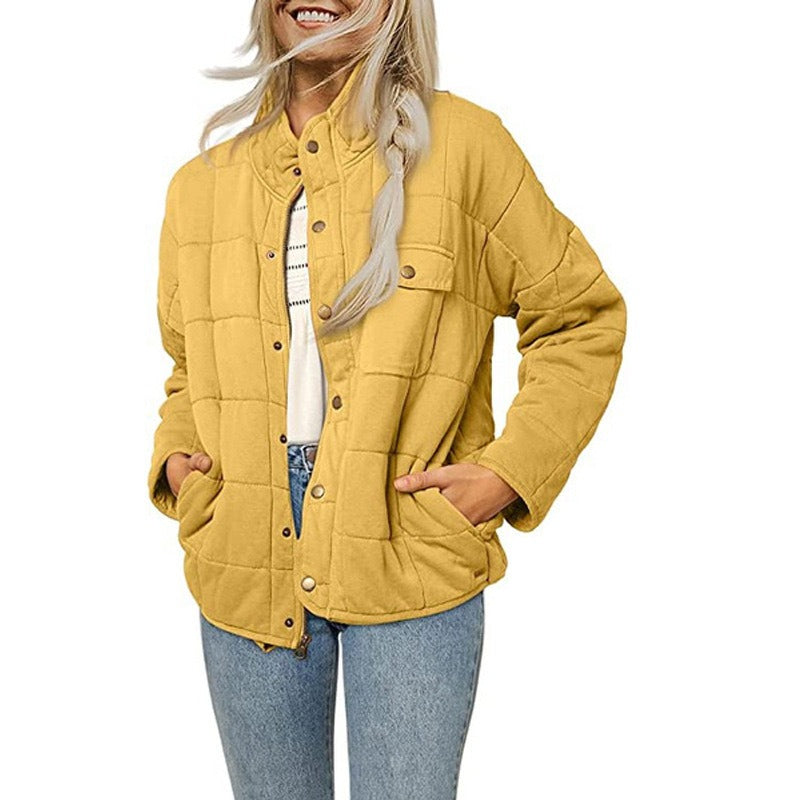 Women's mid-length quilted jacket loose fit stand collar button-front closure casual outerwear