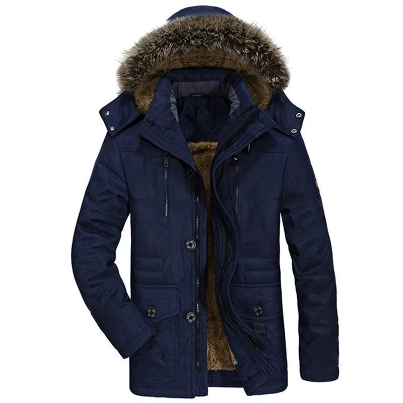 Men's mid-length winter parka regular fit plush lining detachable faux fur hood cold weather coat