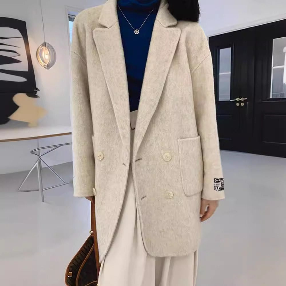 Women's oversized double-breasted wool coat turndown collar mid-thigh length elegant fit