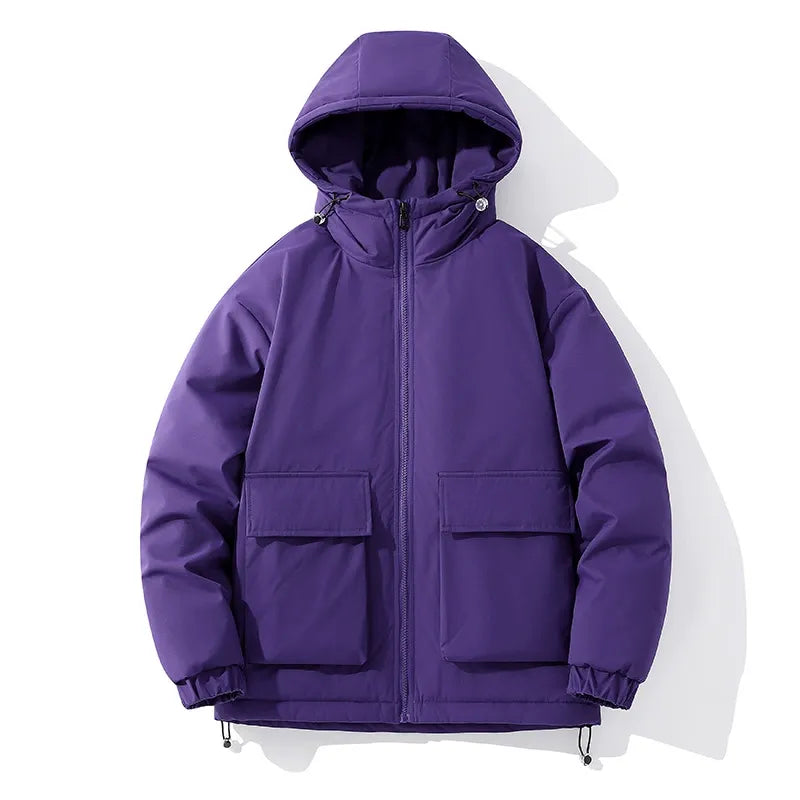 Men's oversized quilted puffer jacket with hood and front pockets, modern winter coat warm fit