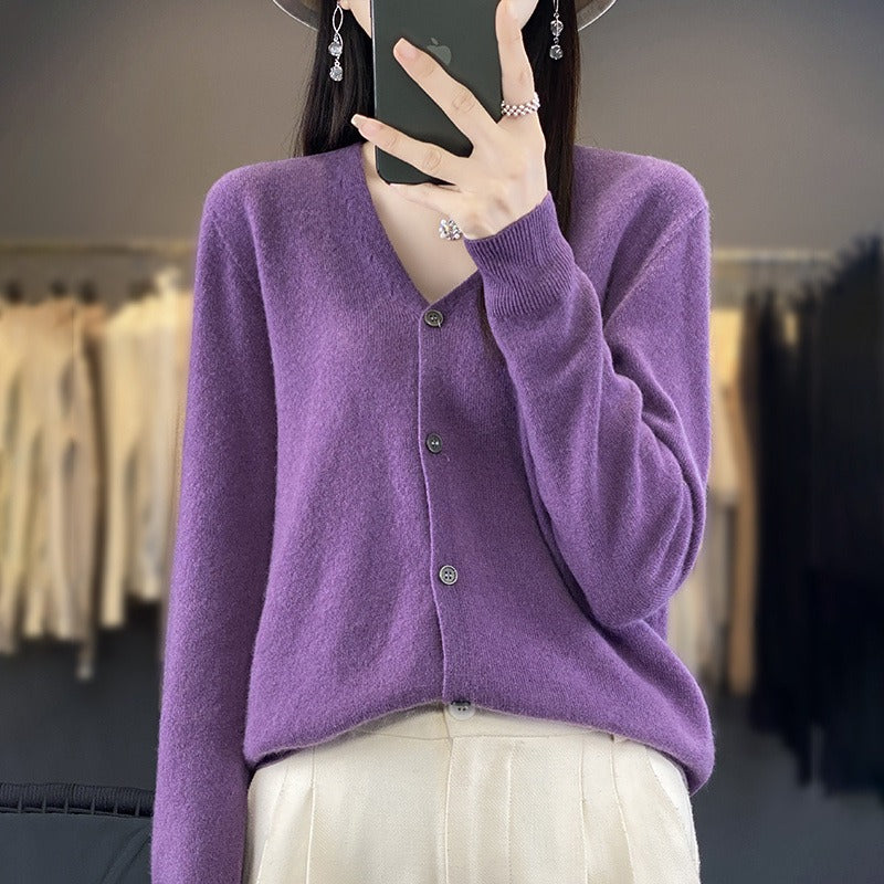 Women's wool-knit cardigan relaxed fit V-neck button-front cozy layering sweater for work weekend