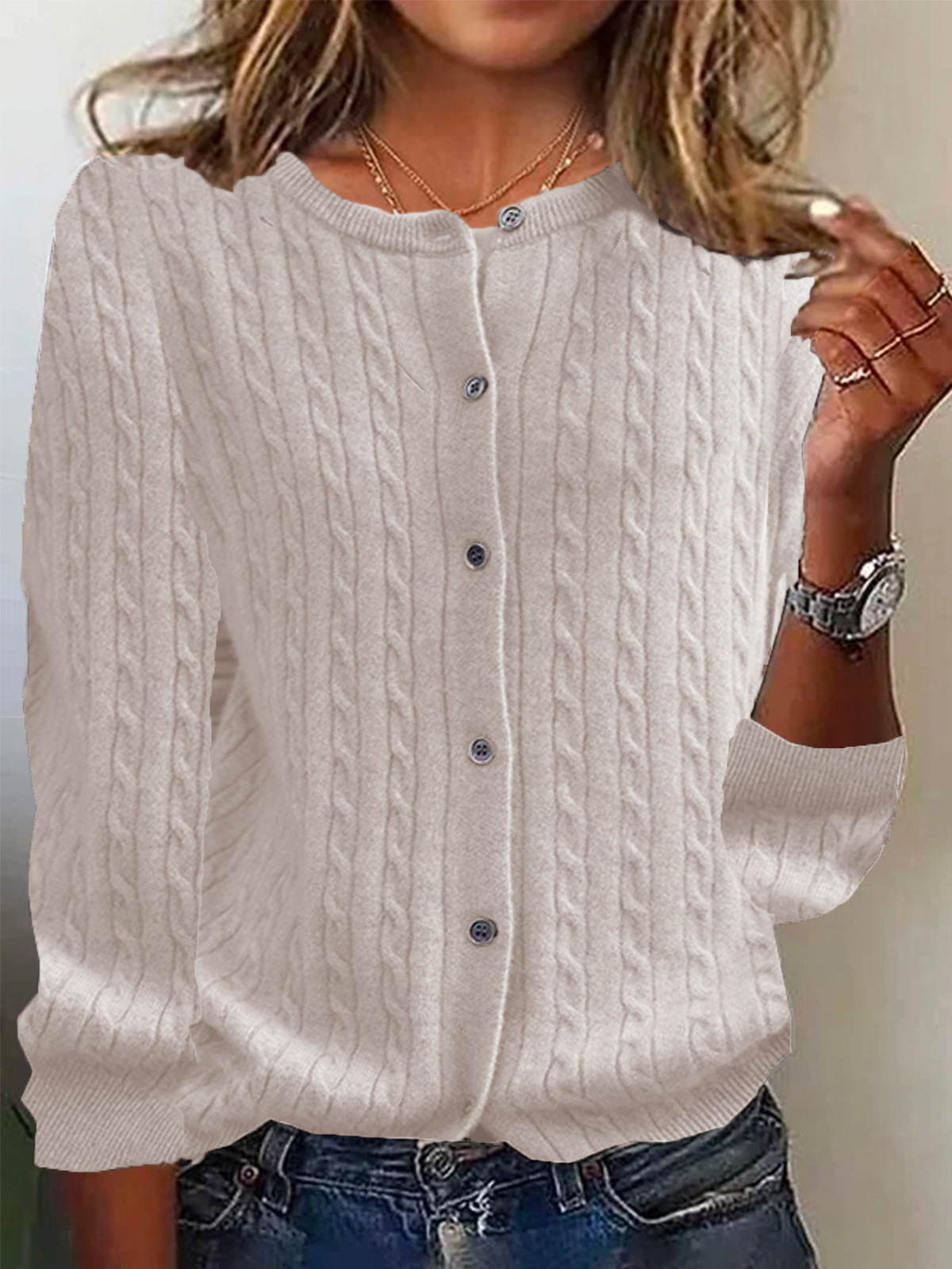 Women's cream cable knit wool cardigan sweater, relaxed fit with button front closure