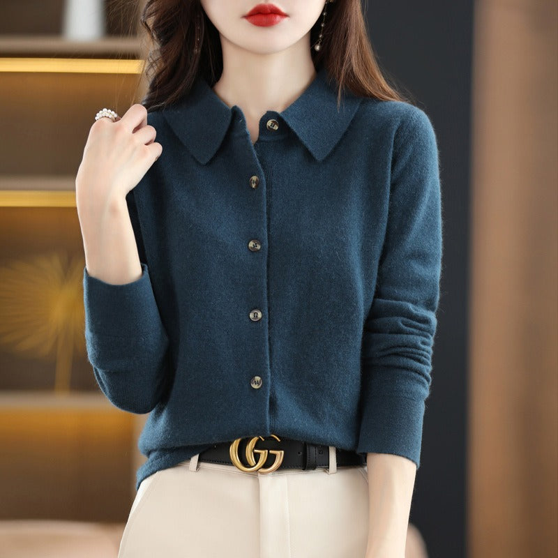 Camel wool blend women's cardigan sweater with polo collar, button-down relaxed fit