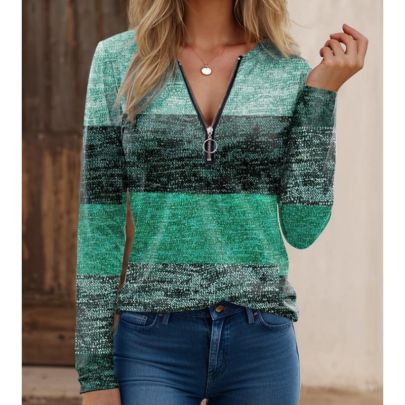 Women's striped knit long sleeve shirt with zipper collar and spliced stripe print, regular fit